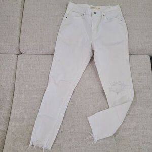 Levis 721 High Rise Skinny Jeans Womens 28 White Stretch Raw Hem Upside Down Tag